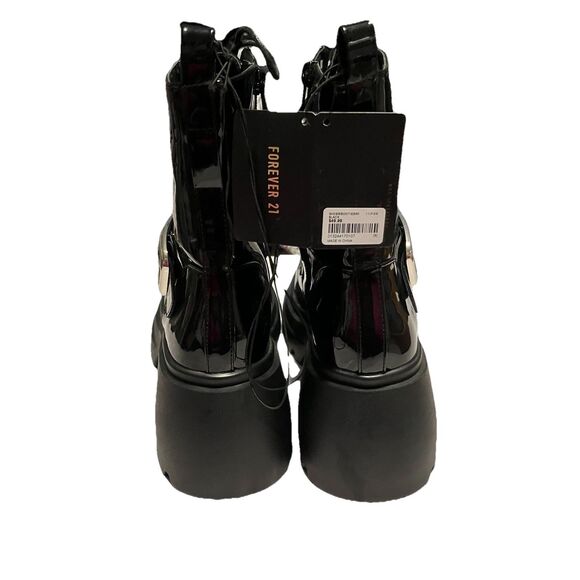 Forever 21 Black Patent Combat Boots Chunky Platform Lug Sole Lace Up Zip Size 8 - Picture 4 of 11
